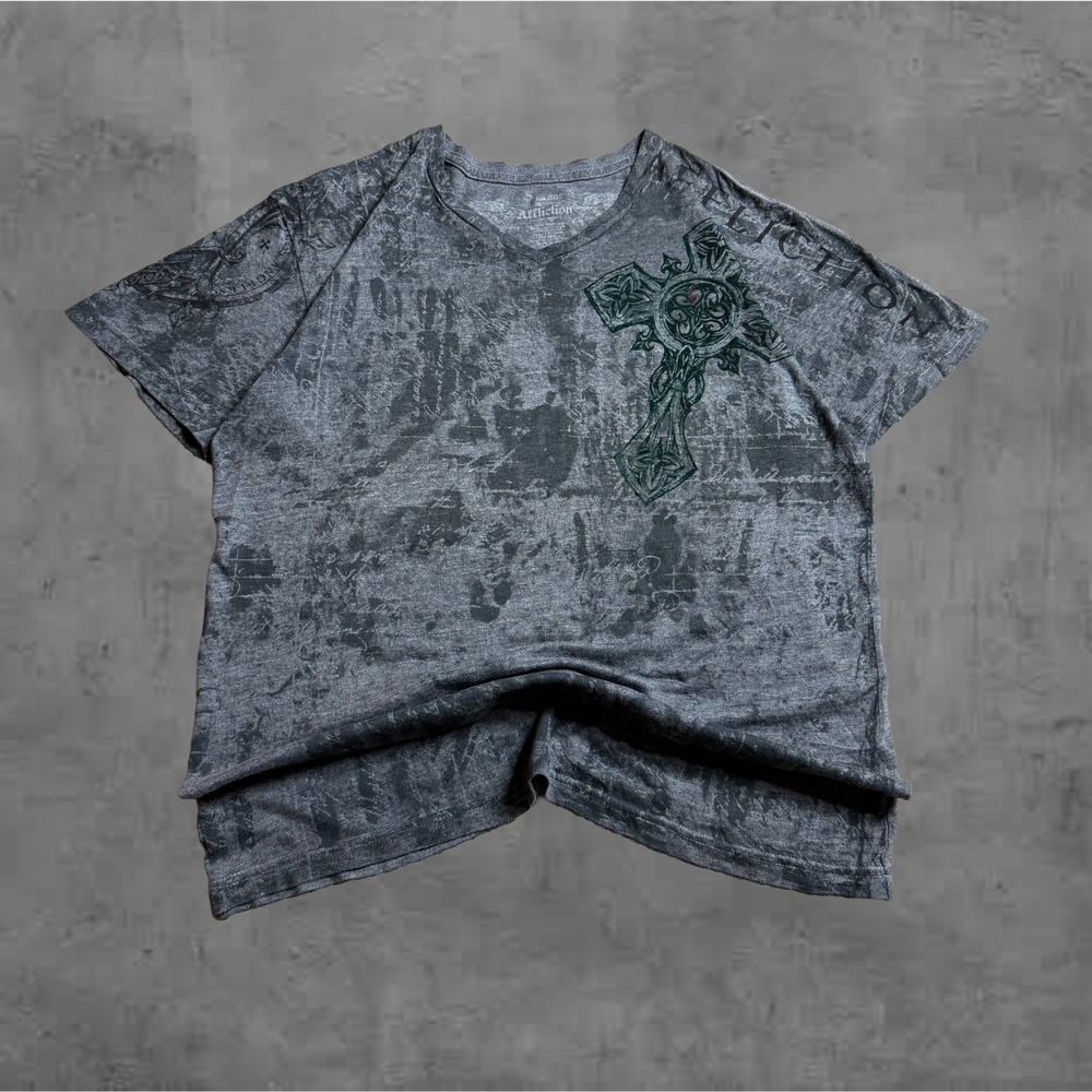 Affliction Mens Gray Short Sleeve Graphic T Shirt Large Cross‎ Wings Tee